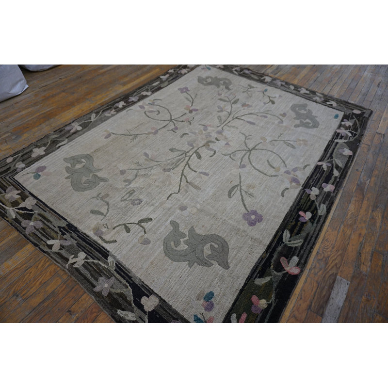 Charcoal and Ivory Color Antique Floral Folk Art American Hooked Rug