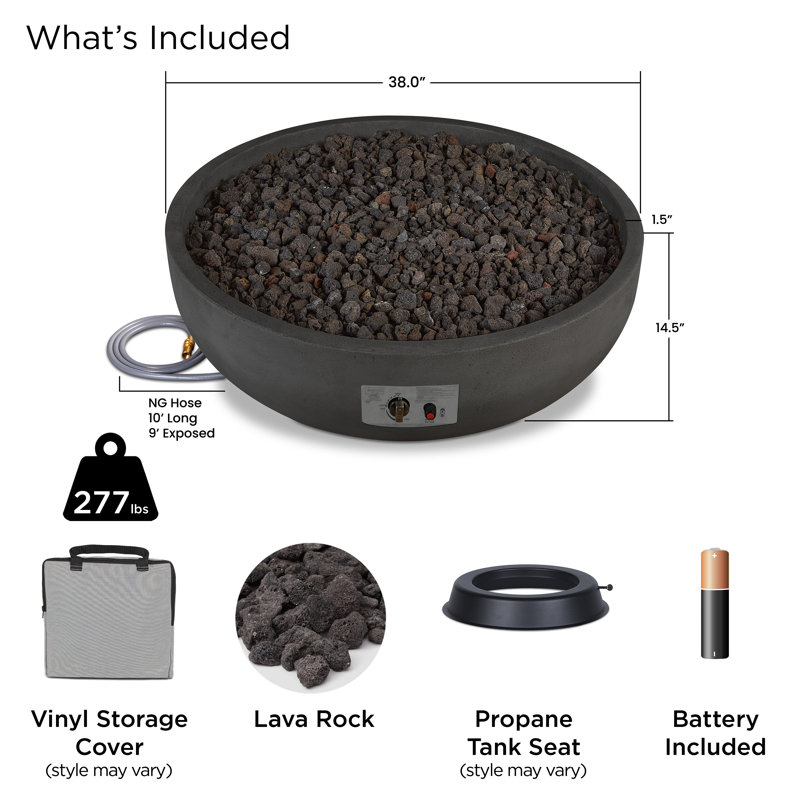 Carson 38" Round Concrete Propane Fire Pit in Carbon by Jensen Co., Natural Gas, Black, 14.5" H x 38" W x 38" D