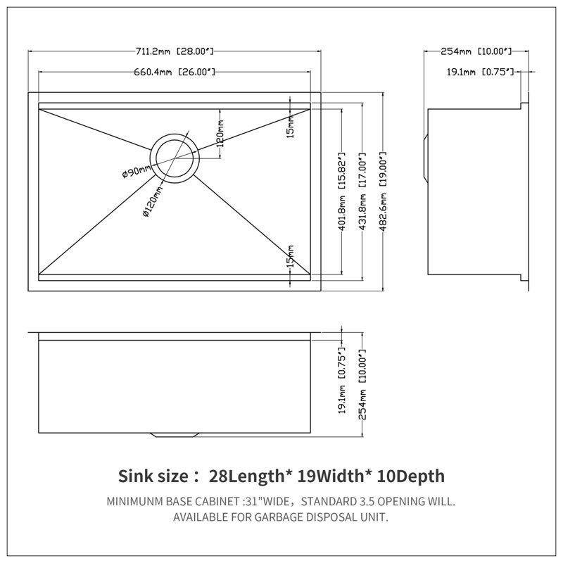 Single Bowl Undermount Workstation Kitchen Sink - 28"X19"X 10" Inch 16 Gauge Stainless Steel Deep Sink