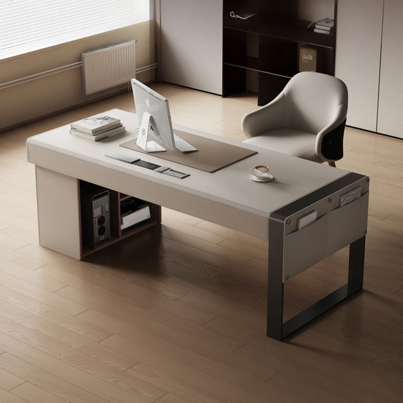 Bureau d'ordinateur en bois massif, bureau en cuir avec armoires latérales, H 29,53 po x l 55,12 po x P 27,56 po, Blanc