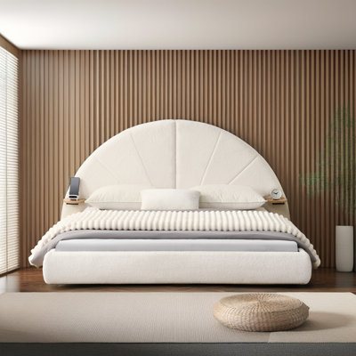 Cocoon Queen Size Arched Boucle Bed with Side Table - Beige Upholstered Platform Bed Frame, Wooden Base with Floor-Standing Design, Modern Minimalist Bedroom Furniture (800 lb Capacity)