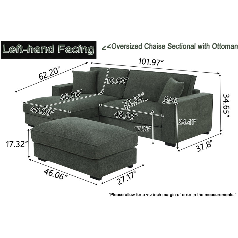 Chira Upholstered Wide Seat Sofa Chaise Sectional with Ottoman, Left Hand Facing, Dark Green Chenille