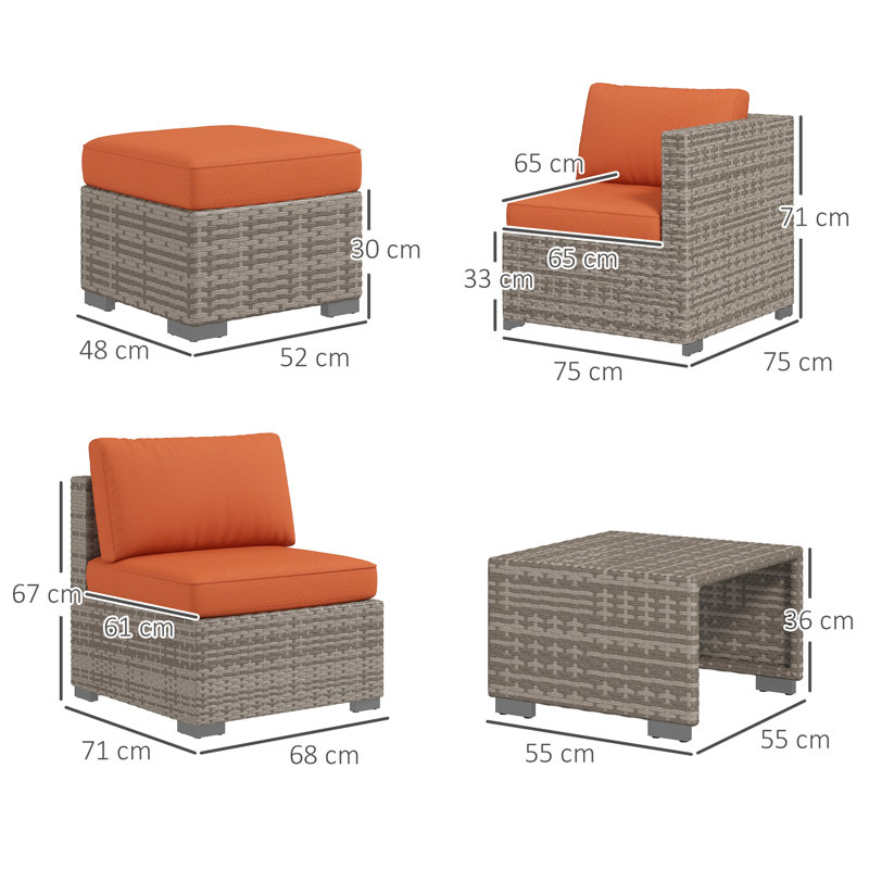Nija 8 Pieces Rattan Garden Furniture Set, 4 Chairs, Cushions, Orange