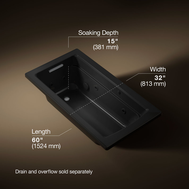 Archer 60" x 32" Drop In Whirlpool Acrylic Bathtub with Heater, Black Black