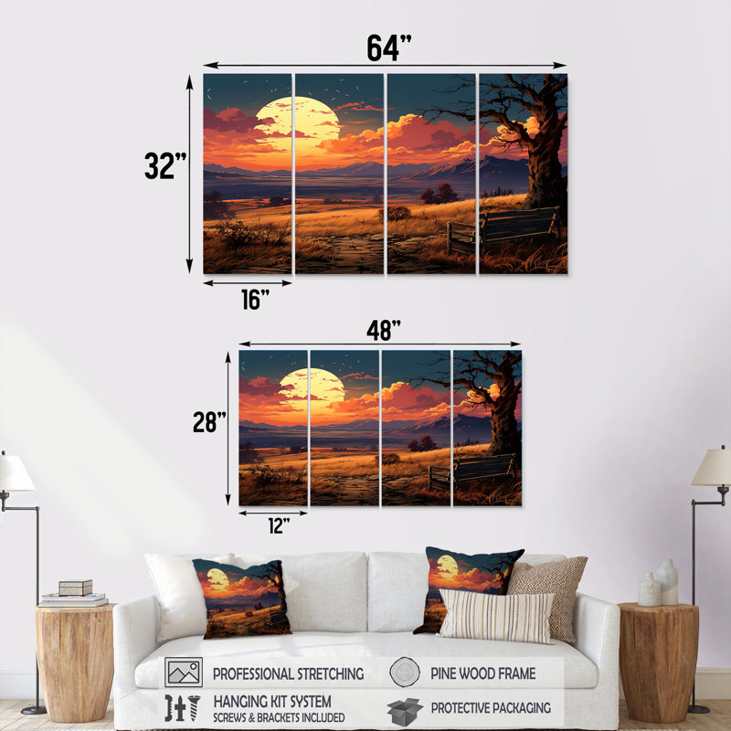 Coucher de soleil coucher de soleil, sentier, paysages I - paysage moderne, art mural 4 pièces, H 28 po x l 48 po