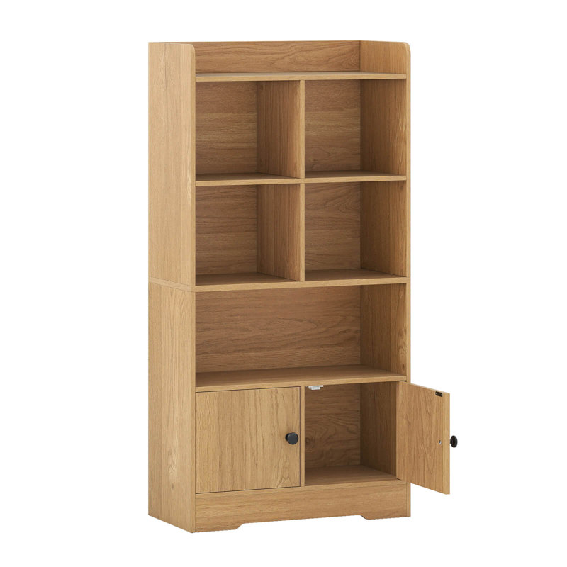 Freestanding Bookshelf with Doors 2 Storage Cabinets and 5 Cubbies 2 Anti-tip Kits Natural