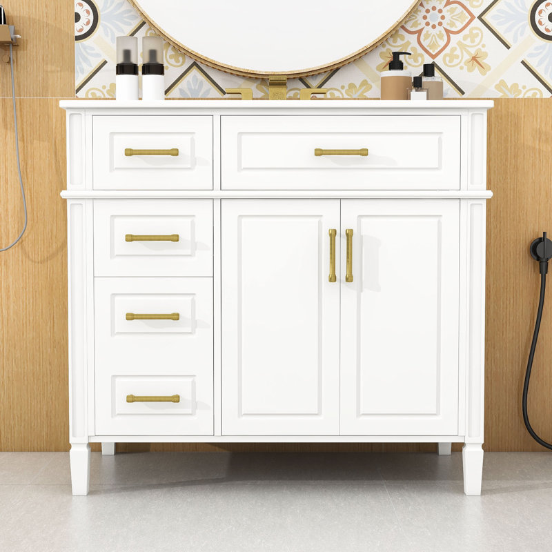 Meuble-lavabo avec 4 tiroirs (1 rabattable), 2 portes et tablette réglable, Blanc