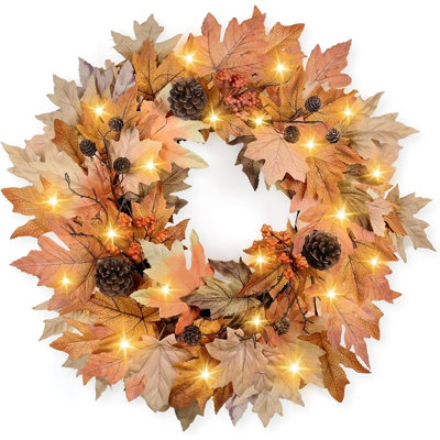 Couronne d'automne d'automne pour la porte d'entrée avec minuterie et lumières DEL chaudes, couronne de porte de récolte avec pommes de pin, baies et feuillage d'automne pour porche extérieur, mur, foyer, fenêtre et décoration saisonnière pour la maison