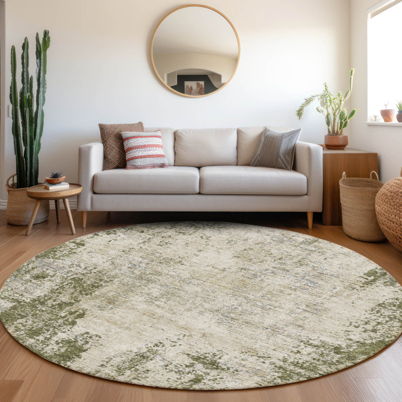 Premium Machine Washable Prisco Olive Rug, Round 8'