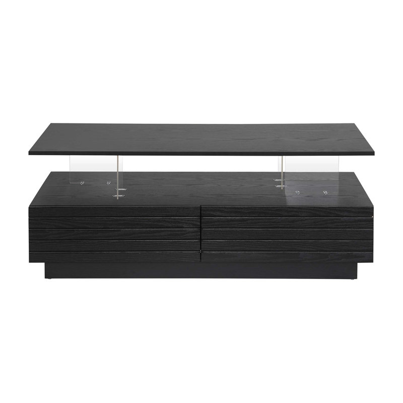 Modern Rectangular LED Lights Coffee Table With 2 Drawers, Black