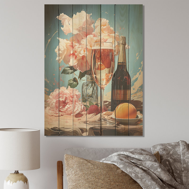 Vin mousseux et fleurs élégantes - Vin sur bois, H 20 po x l 10 po