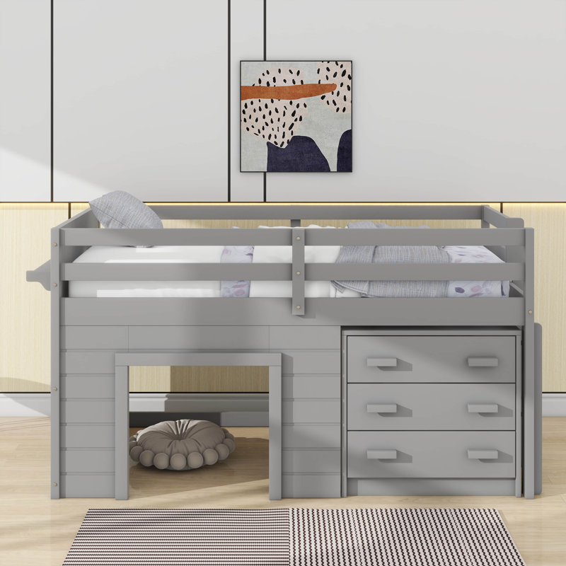 Lit mezzanine simple avec armoire et tablette, Gris