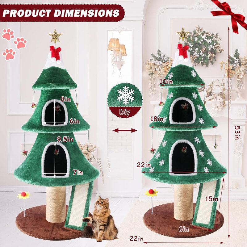 Arbre à chat 53 po, tour à griffer en sisal avec jouets interactifs et meubles pour les Fêtes