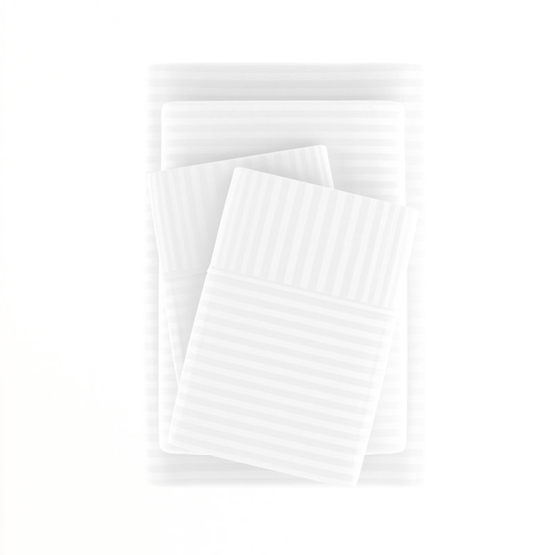 Becky Cameron Striped Embossed 4 Piece Bed Sheet Set, White, Queen Sheet Set + Fitted Sheet + 2 Pillowcases