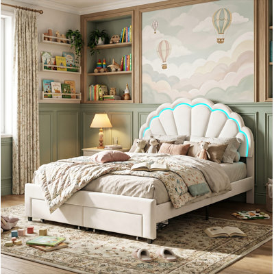 Smart LED White Velvet Bed Frame With Storage Drawers, Scalloped Petal Headboard & App Control, European Single (90X200cm) & Double (140X200cm)