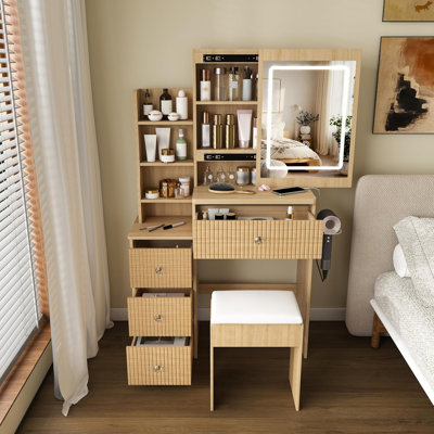 Jaxenor LED Dressing Table with Mirror, Modern Vanity Desk with 4 Drawers & Storage Shelves, Hair Dryer Holder, Power Socket & Dressing Chair for Bedroom, Wood