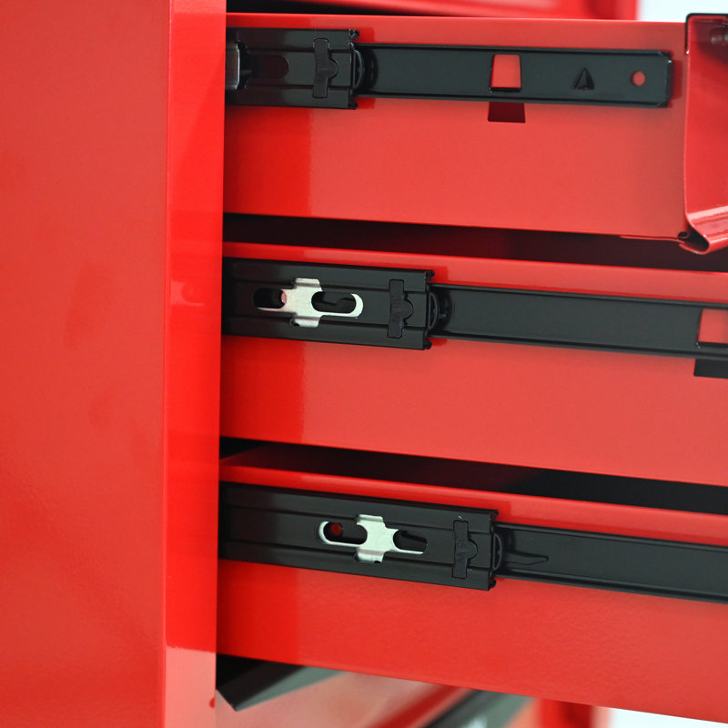 Armoire à outils en métal à 7 tiroirs en rouge et noir, acier laminé à froid, glissières à roulement, capacité de charge de 15 kg, 4 roulettes pivotantes avec option de verrouillage