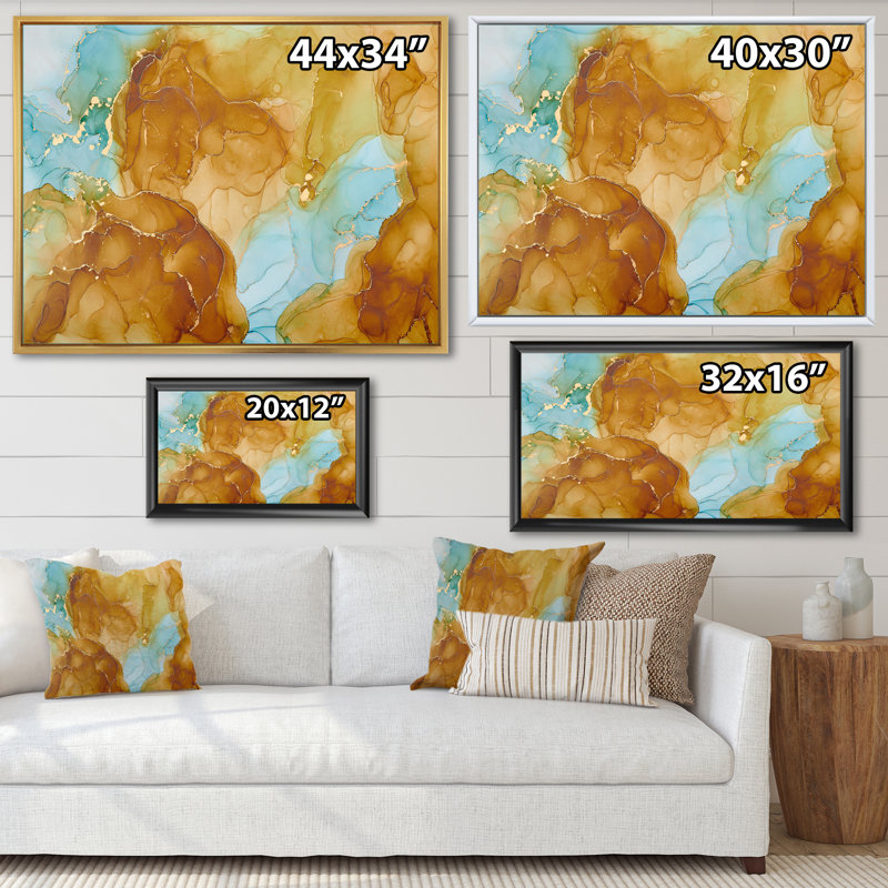 «Brown Luxury Abstract Fluid», peinture sur toile, H 34 po x l 44 po x P 1,5 po, Cadre flottant doré