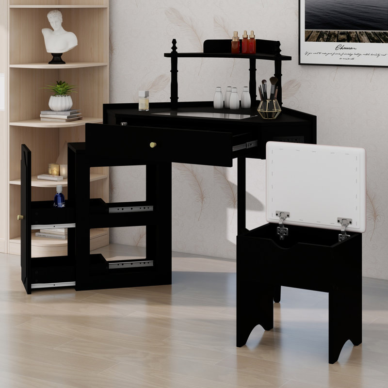 Triangle Corner Vanity Desk with Charging Station, Cushioned Stool, Pull-Out Side Cabinet, Glass Tabletop, Drawer and Shelf