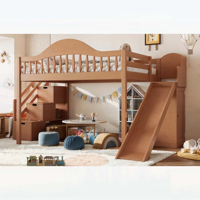 Lit mezzanine simple avec escalier de rangement, glissade et garde-robe intégrée, garde-corps haut élégant, structure en bois pour les chambres à coucher, les dortoirs, les invités. Beige