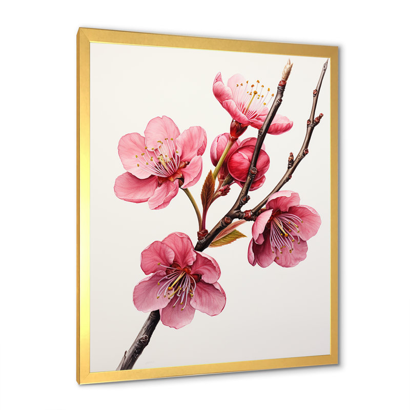 Rose printemps cerises - art mural cerise, Cadre doré simple, H 32 po x l 24 po x P 1 po