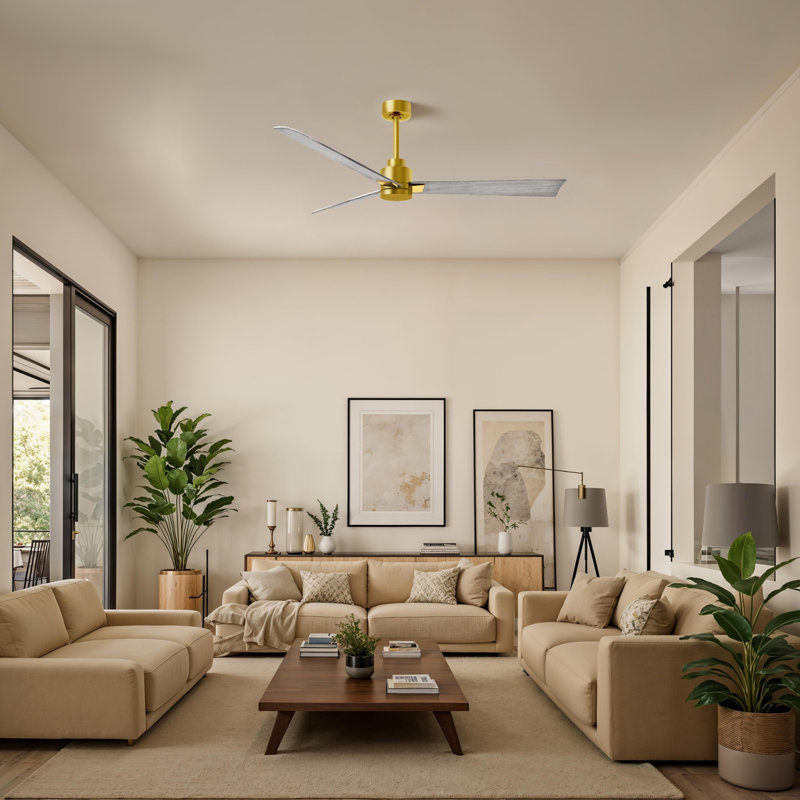 Alessandra Outdoor Downrod Ceiling Fan, Barn Wood Tone, Brushed Brass