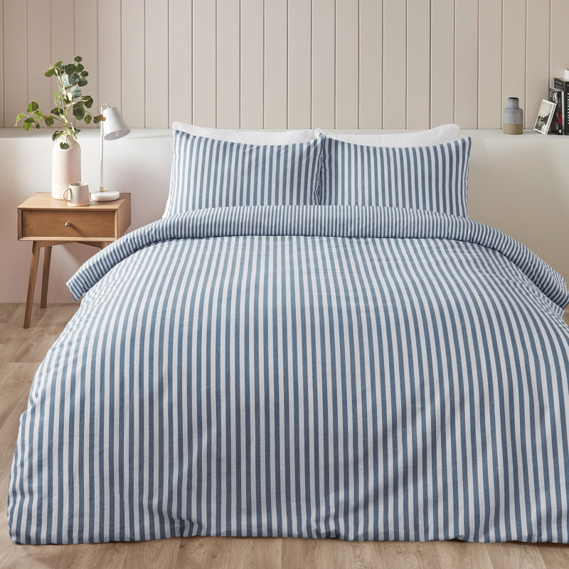 Brushed Stripe Cotton Reversible Duvet Cover Set, Silver Grey, Double Duvet Cover + 2 Standard Pillowcases