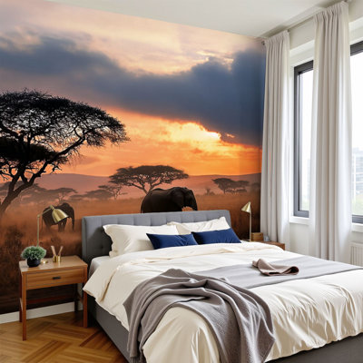 Peel and Stick Wallpaper Wild African elephant savannah National Park Wildlife Tanzania African Wall Murals 100"H x 144"W Removable PVC Wall Paper Self-Adhesive Wall Decor for Bedroom Living Room Home Office