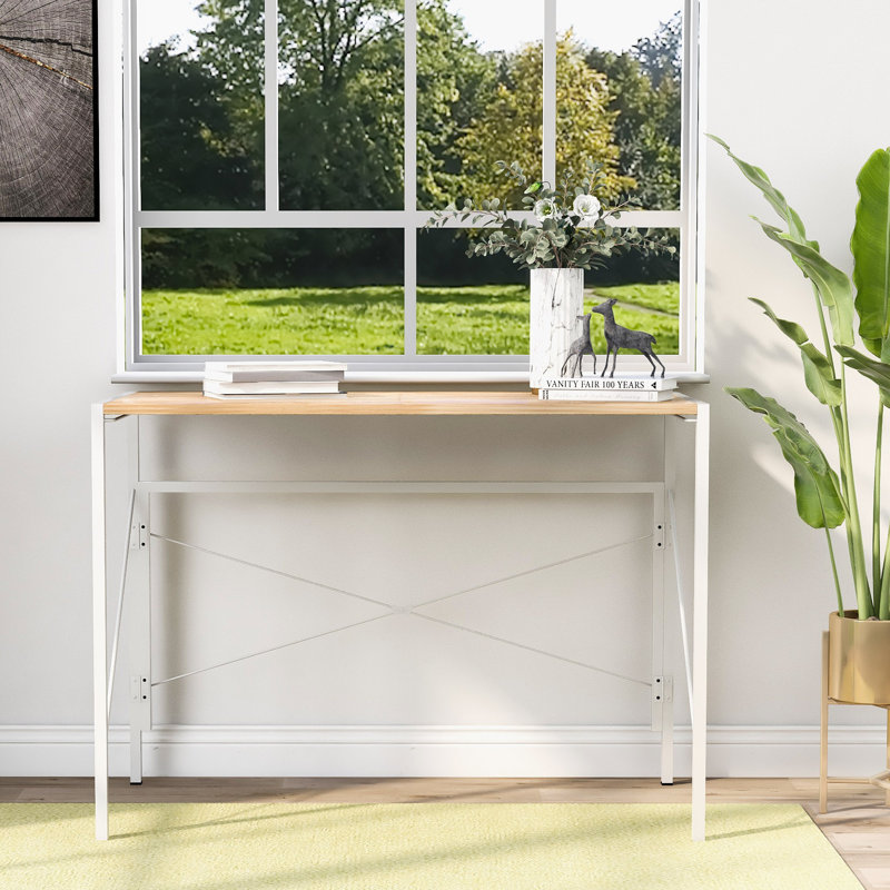 Metal Base Writing Desk, White, Natural Oak