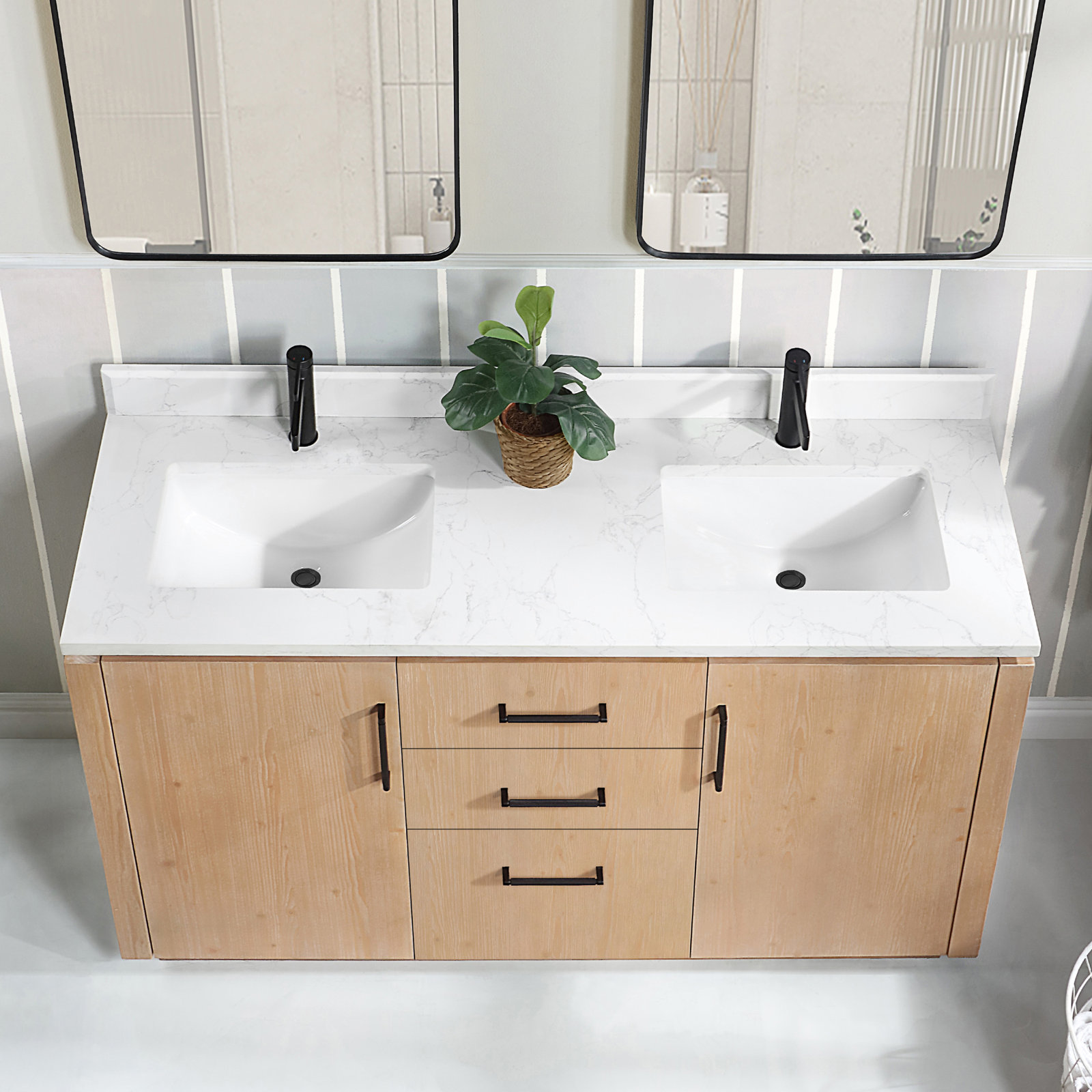 Cloverfield 60'' Double Bathroom Vanity, Fir Wood Brown, Matte Black