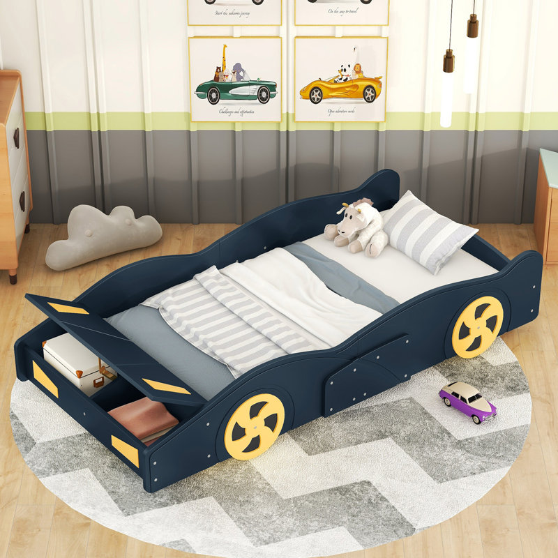 Lit plateforme simple en forme de voiture de course avec roues et rangement, bleu foncé et jaune, Twin, Bleu très foncé