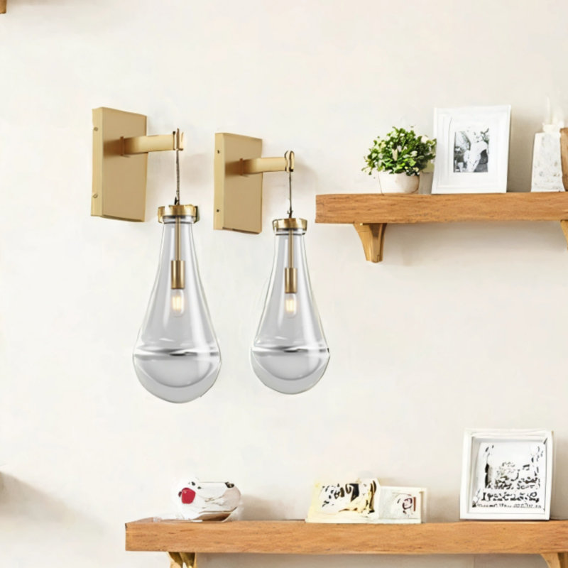 Two Brass-gold Modern Raindrop Glass Wall Lamps, Antique Brass, 2 Lights