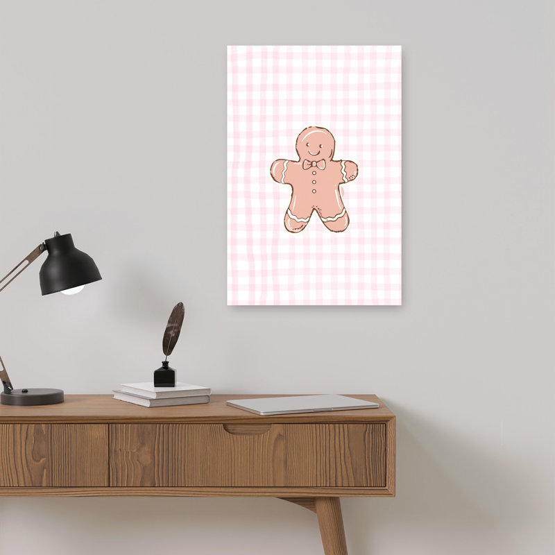 Pink Gingham Gingerbread Man Contemporary Wall Art Print, 18" H x 12" W