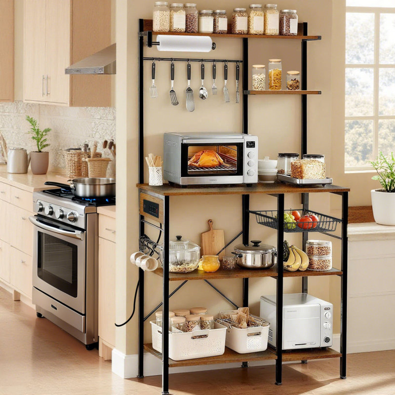 Étagère de boulangerie avec prise de courant, support à micro-ondes avec rangement, bar à café avec crochets en forme de crochets, étagère de cuisine avec panier en métal, étagère de boulanger en métal pour épices, casseroles (brun)
