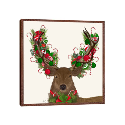 Deer, Candy Cane Wreath 1 Piece Painting on Canvas