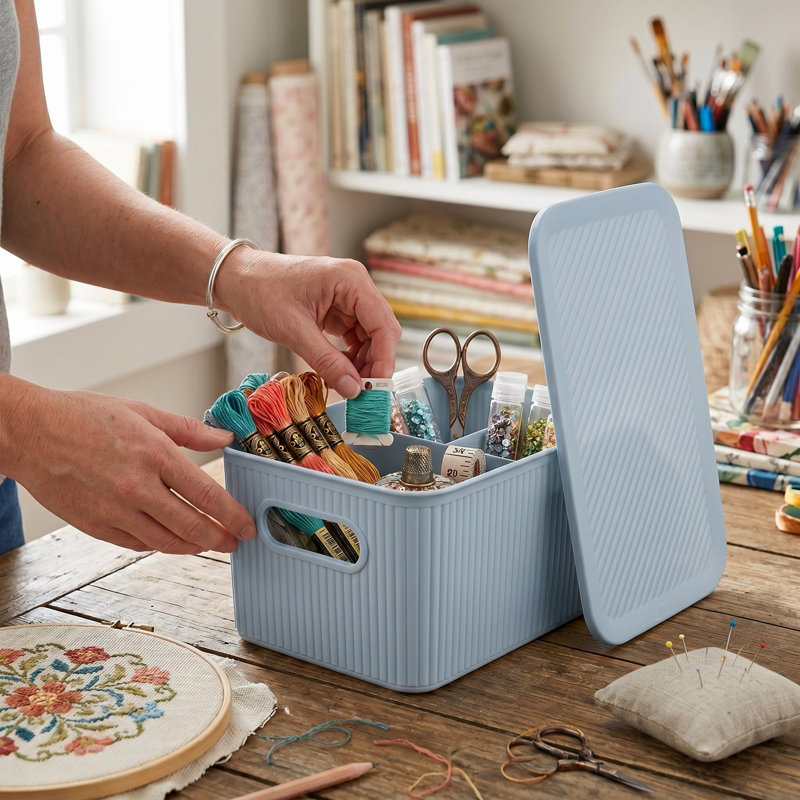 Panier en plastique nervuré, 2, Bleu pierre, H 5 po x l 7 po x P 10,5 po