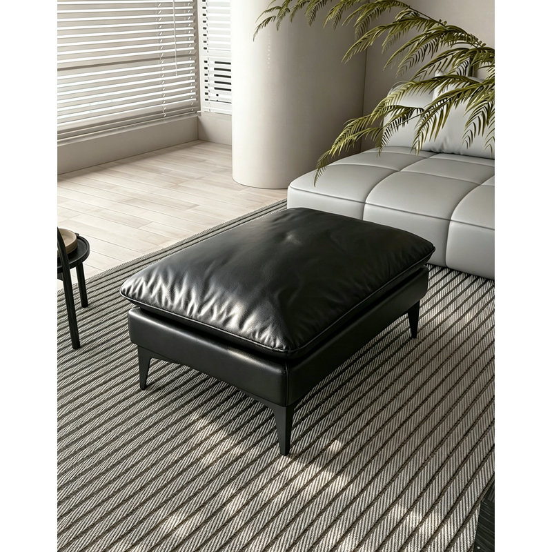 Repose-pieds en cuir avec coussin de duvet, 16.5" H x 35.4" W x 23.6" D, Noir