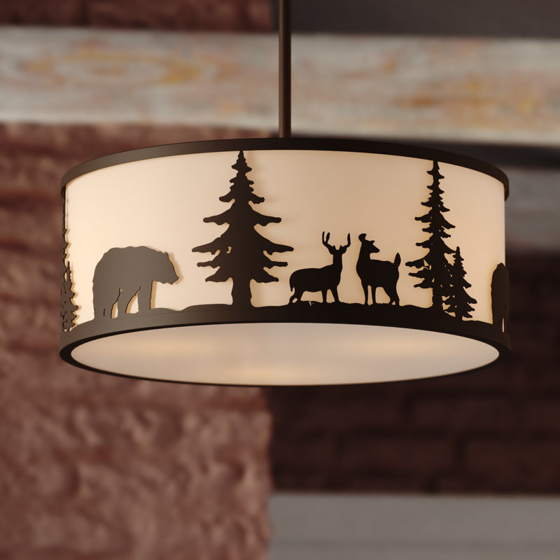 Jorene 3L Bronze Rustic Pendant Light White Linen Bear Deer Tree