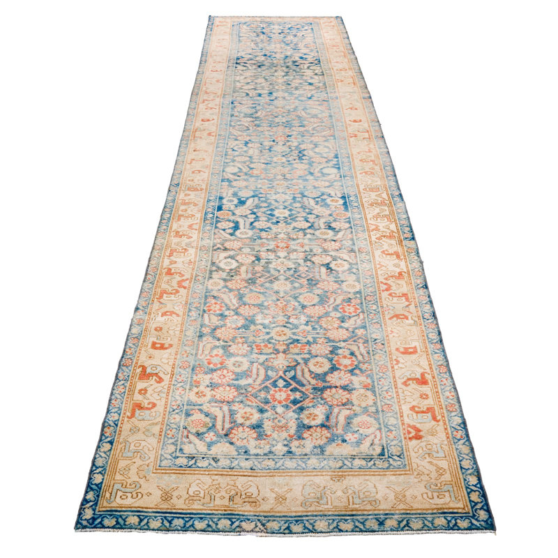 Tapis beige / bleu unique de 3 pi 5 po x 15 pi 11 po