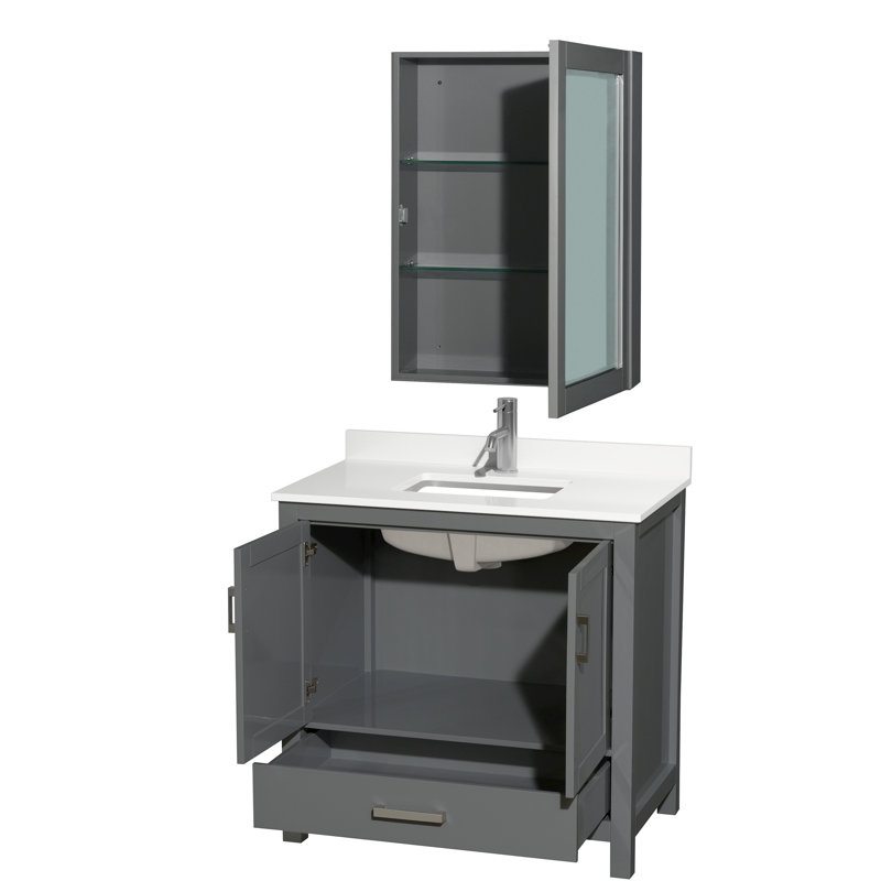 Meuble-lavabo simple 36 po avec comptoir en quartz et armoire à pharmacie Sheffield, Quartz blanc, Gris foncé, Chrome