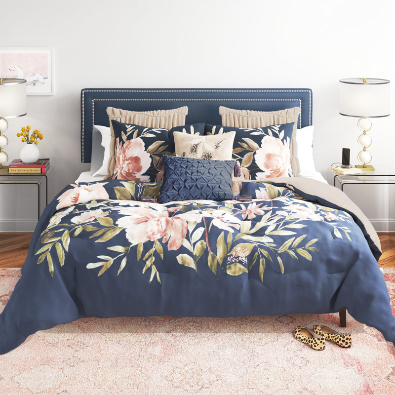 Camillia 8 Piece Printed Cotton Navy Comforter Set King, King Comforter + 7 Additional Pieces