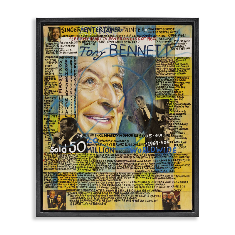 "Tony Bennett", art mural encadré sur toile flottante par Sabin, H 21 po x l 17 po, Cadre flottant orme Montalcino