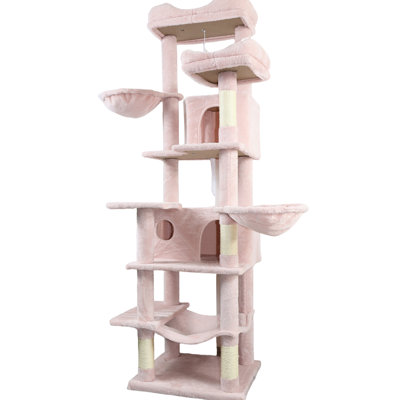 Arbre à chat rose de 68 pouces de large et multi-niveaux offrant 6 zones d'escalade relaxantes, coussins amovibles pour l'entretien, poteaux à griffer, hamacs pouces, niveau, rose, arbre, chats multiples, saut