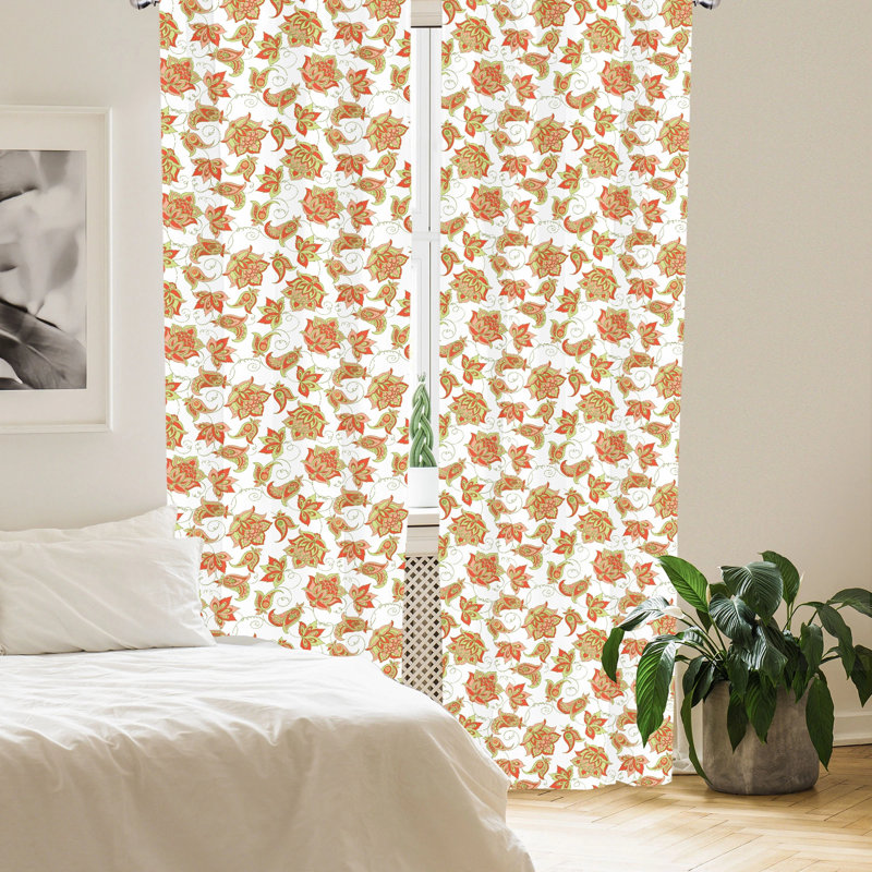 Paisley Floral Semi-Sheer Rod Pocket Curtain Panels, 28" x 95", Red/Orange/Green
