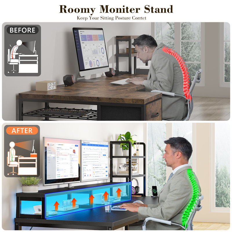 Computer Desk With  Led Lights And Power Outlets, Gaming Desk With Monitor Stand,Home Office Writing Desk With Storage And 2 Shelves