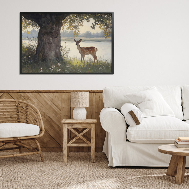 «Sp Spot Doe» par Lake, estampe numérique, design par Franklyn Gregory, H 20 po x l 30 po, Giclée encadrée noir minuit
