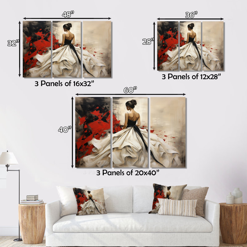«Fashion Red Dress Elegance UnveILE V» sur toile, ensemble de 3 pièces, H 40 po x l 60 po x P 1 po