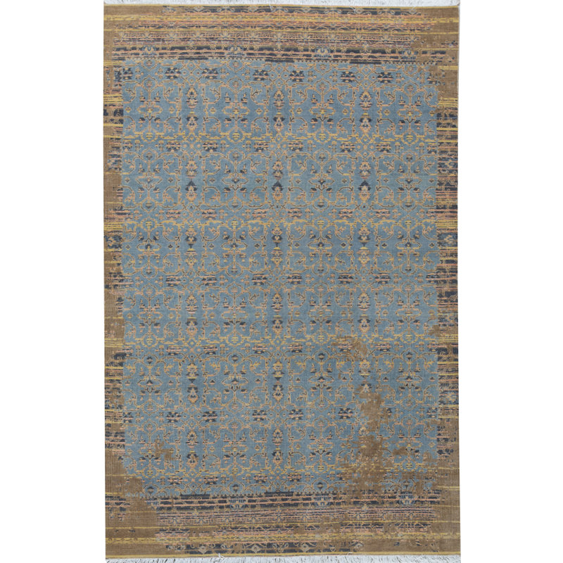 Tapis bleu clair et gris anthracite noué à la main de haute qualité, Rectangulaire : 6 pi 2 po x 9 pi 3 po