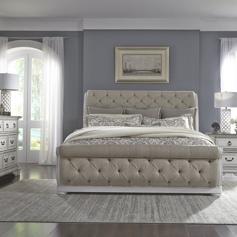 Upholstered Sleigh Bed, Dresser And Mirror, Nightstand Set