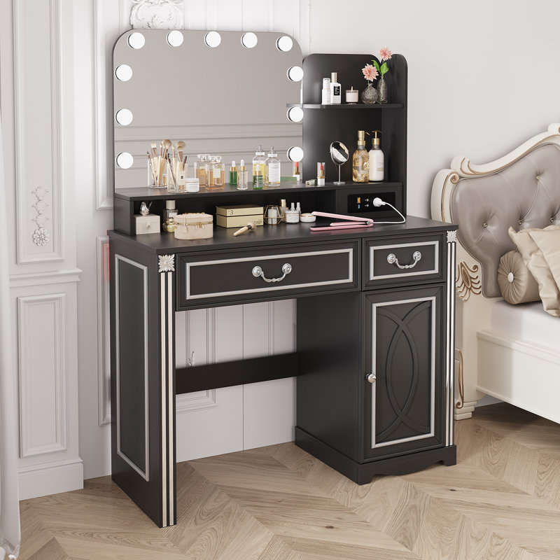 Vanity Desk With Led Mirror, Storage Drawers, And Built-in Power Outlets, Black